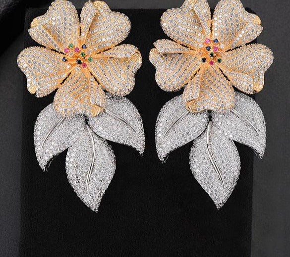 63MM Luxury Flower Leaves Nigerian Long Dangle Earrings For Women Wedding Zircon Crystal CZ Indian Gold