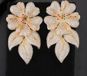 63MM Luxury Flower Leaves Nigerian Long Dangle Earrings For Women Wedding Zircon Crystal CZ Indian Gold