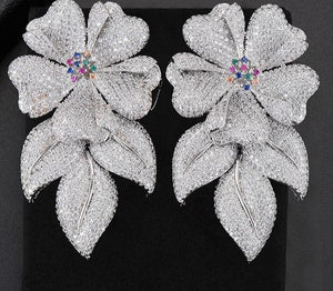 63MM Luxury Flower Leaves Nigerian Long Dangle Earrings For Women Wedding Zircon Crystal CZ Indian Gold