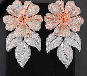 63MM Luxury Flower Leaves Nigerian Long Dangle Earrings For Women Wedding Zircon Crystal CZ Indian Gold