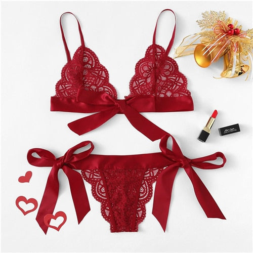 COLROVIE Red Christmas Scalloped Trim Tie Side Lingerie Set 2019 Wireless Ribbon Intimates Transparent Underwear Bra Set