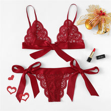 Load image into Gallery viewer, COLROVIE Red Christmas Scalloped Trim Tie Side Lingerie Set 2019 Wireless Ribbon Intimates Transparent Underwear Bra Set