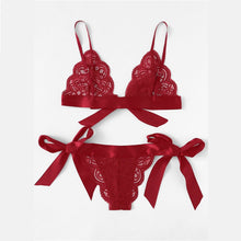 Load image into Gallery viewer, COLROVIE Red Christmas Scalloped Trim Tie Side Lingerie Set 2019 Wireless Ribbon Intimates Transparent Underwear Bra Set