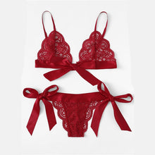 Load image into Gallery viewer, COLROVIE Red Christmas Scalloped Trim Tie Side Lingerie Set 2019 Wireless Ribbon Intimates Transparent Underwear Bra Set