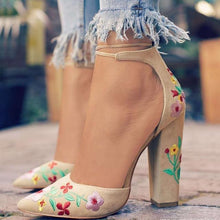Load image into Gallery viewer, 2019 Spring Women High Heels Plus Size Embroidery Pumps Flower Ankle Strap Shoes
