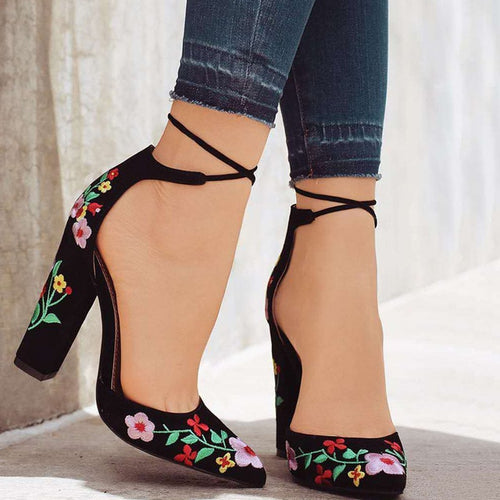 2019 Spring Women High Heels Plus Size Embroidery Pumps Flower Ankle Strap Shoes