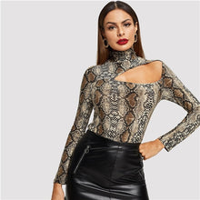 Load image into Gallery viewer, COLROVIE Cut Out Front Snake Skin Print Fitted Casual T-Shirt Women 2019 Spring Fashion Long Sleeve Korean Tops Office Lady Tees