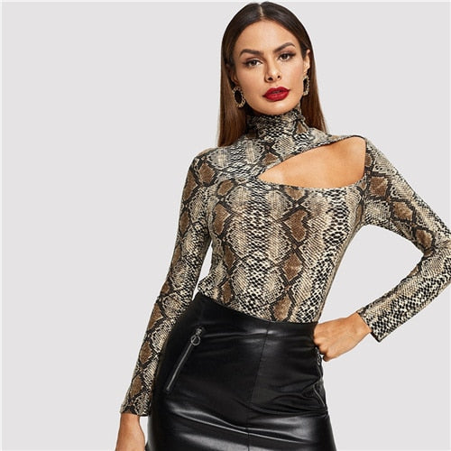 COLROVIE Cut Out Front Snake Skin Print Fitted Casual T-Shirt Women 2019 Spring Fashion Long Sleeve Korean Tops Office Lady Tees