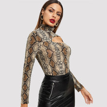 Load image into Gallery viewer, COLROVIE Cut Out Front Snake Skin Print Fitted Casual T-Shirt Women 2019 Spring Fashion Long Sleeve Korean Tops Office Lady Tees