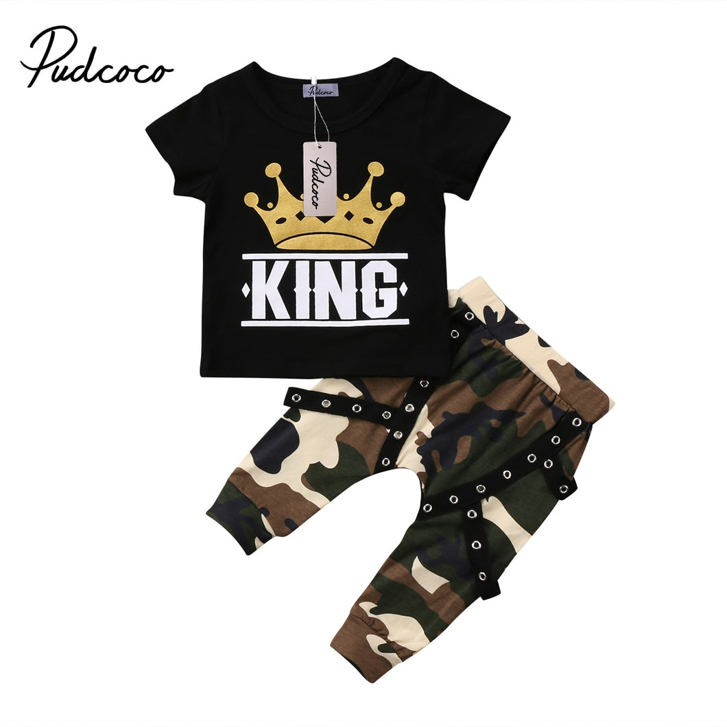 Toddler Kids Baby Boys Clothing Short Sleeve Tops Crown T-shirt Camo Pants Outfits Set Summer