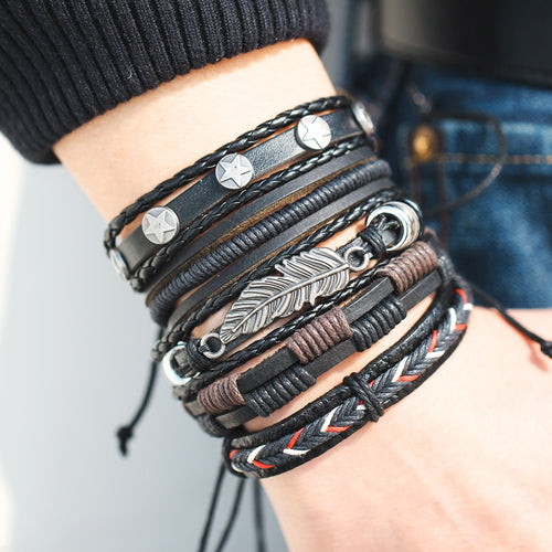 6 Design Vintage Multilayer Leather Bracelet For Men 2019 Handmade Wristband Bracelet Punk Rope