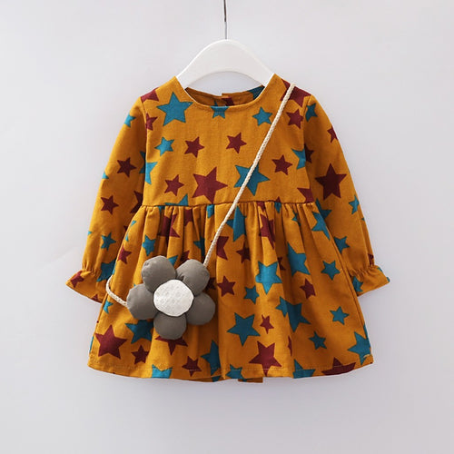 Kids Girls Long Sleeves Stars Print Princess Dress+Cartoon Shoulder Bag Set