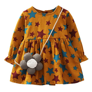 Kids Girls Long Sleeves Stars Print Princess Dress+Cartoon Shoulder Bag Set