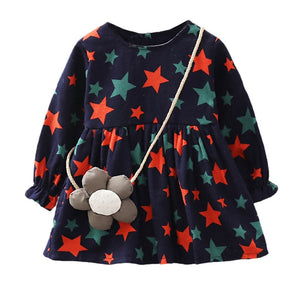 Kids Girls Long Sleeves Stars Print Princess Dress+Cartoon Shoulder Bag Set