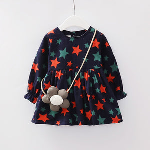 Kids Girls Long Sleeves Stars Print Princess Dress+Cartoon Shoulder Bag Set