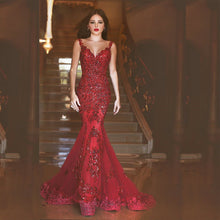 Load image into Gallery viewer, Glamorous Red Mermaid Prom Made Sequins Backless Evening Gowns