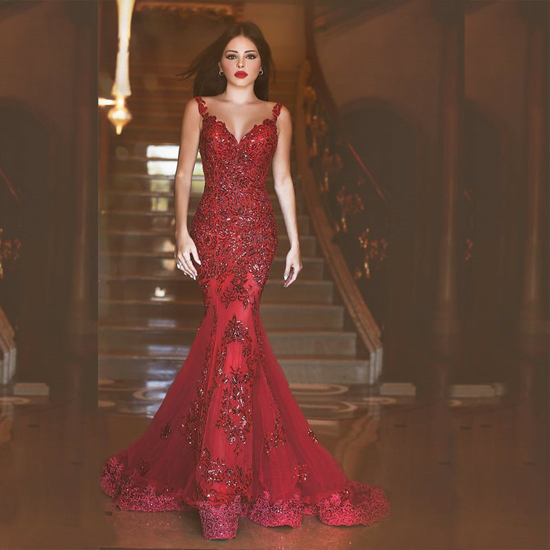 Glamorous Red Mermaid Prom Made Sequins Backless Evening Gowns