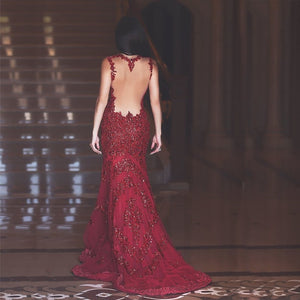 Glamorous Red Mermaid Prom Made Sequins Backless Evening Gowns