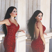 Load image into Gallery viewer, Glamorous Red Mermaid Prom Made Sequins Backless Evening Gowns