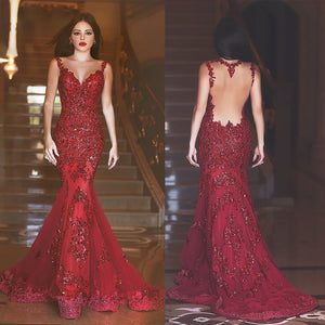 Glamorous Red Mermaid Prom Made Sequins Backless Evening Gowns