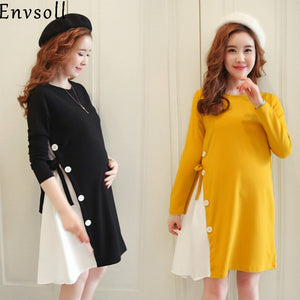 Long Sleeve Cotton Pregnant Dress Black Yellow