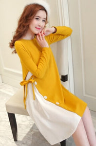 Long Sleeve Cotton Pregnant Dress Black Yellow