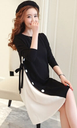 Long Sleeve Cotton Pregnant Dress Black Yellow