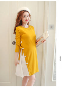 Long Sleeve Cotton Pregnant Dress Black Yellow