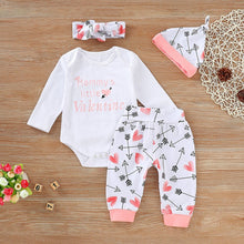 Load image into Gallery viewer, Valentine&#39;s Toddler Baby Letter Romper+Heart Print Pants+Hat+headbands Set