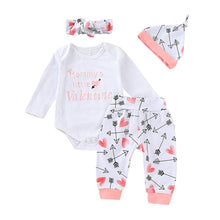 Load image into Gallery viewer, Valentine&#39;s Toddler Baby Letter Romper+Heart Print Pants+Hat+headbands Set