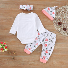 Load image into Gallery viewer, Valentine&#39;s Toddler Baby Letter Romper+Heart Print Pants+Hat+headbands Set