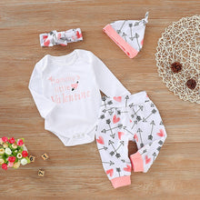 Load image into Gallery viewer, Valentine&#39;s Toddler Baby Letter Romper+Heart Print Pants+Hat+headbands Set