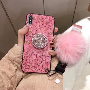 Luxury DIY With Crystal Holder+ Fur Ball +Strap Phone case