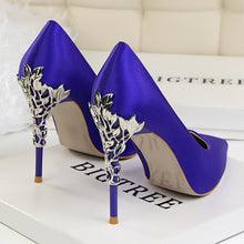 Load image into Gallery viewer, Elegant Metal Carved Heels Women Pumps 2019 High Quality Fashion Sexy Silk High Heels 13 Color 10cm Shoes Woman Wedding Shoes