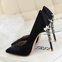 Load image into Gallery viewer, Elegant Metal Carved Heels Women Pumps 2019 High Quality Fashion Sexy Silk High Heels 13 Color 10cm Shoes Woman Wedding Shoes