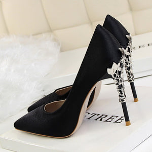 Elegant Metal Carved Heels Women Pumps 2019 High Quality Fashion Sexy Silk High Heels 13 Color 10cm Shoes Woman Wedding Shoes