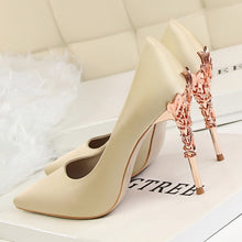 Load image into Gallery viewer, Elegant Metal Carved Heels Women Pumps 2019 High Quality Fashion Sexy Silk High Heels 13 Color 10cm Shoes Woman Wedding Shoes