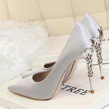 Load image into Gallery viewer, Elegant Metal Carved Heels Women Pumps 2019 High Quality Fashion Sexy Silk High Heels 13 Color 10cm Shoes Woman Wedding Shoes