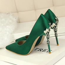 Load image into Gallery viewer, Elegant Metal Carved Heels Women Pumps 2019 High Quality Fashion Sexy Silk High Heels 13 Color 10cm Shoes Woman Wedding Shoes