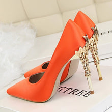 Load image into Gallery viewer, Elegant Metal Carved Heels Women Pumps 2019 High Quality Fashion Sexy Silk High Heels 13 Color 10cm Shoes Woman Wedding Shoes