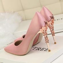 Load image into Gallery viewer, Elegant Metal Carved Heels Women Pumps 2019 High Quality Fashion Sexy Silk High Heels 13 Color 10cm Shoes Woman Wedding Shoes