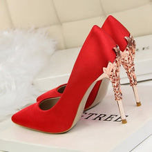 Load image into Gallery viewer, Elegant Metal Carved Heels Women Pumps 2019 High Quality Fashion Sexy Silk High Heels 13 Color 10cm Shoes Woman Wedding Shoes