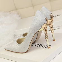 Load image into Gallery viewer, Elegant Metal Carved Heels Women Pumps 2019 High Quality Fashion Sexy Silk High Heels 13 Color 10cm Shoes Woman Wedding Shoes
