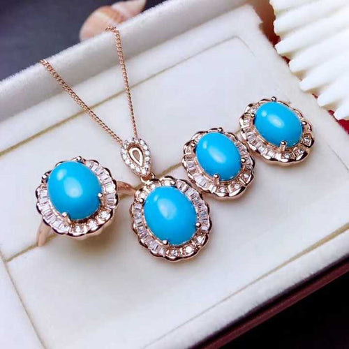 Natural blue turquoise Ring Pendant Earrings Natural gemstone Jewelry Set 925 Silver Lovely geometry Women party gift jewelry