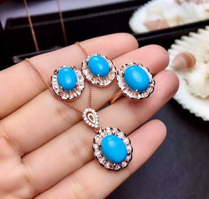 Natural blue turquoise Ring Pendant Earrings Natural gemstone Jewelry Set 925 Silver Lovely geometry Women party gift jewelry