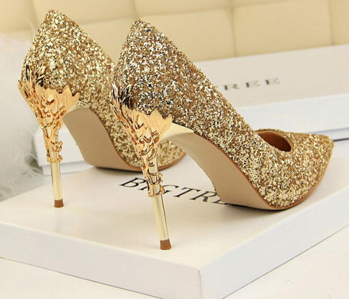 2019 New Spring Women Pumps High Thin Heels Pointed Toe Metal Decoration Sexy Bling Bridal Wedding Women Shoes Gold High Heels