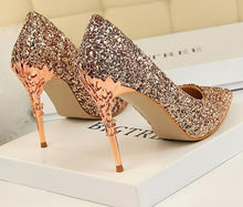 Load image into Gallery viewer, 2019 New Spring Women Pumps High Thin Heels Pointed Toe Metal Decoration Sexy Bling Bridal Wedding Women Shoes Gold High Heels