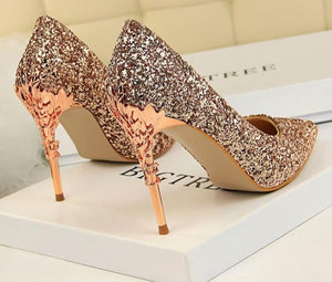 2019 New Spring Women Pumps High Thin Heels Pointed Toe Metal Decoration Sexy Bling Bridal Wedding Women Shoes Gold High Heels