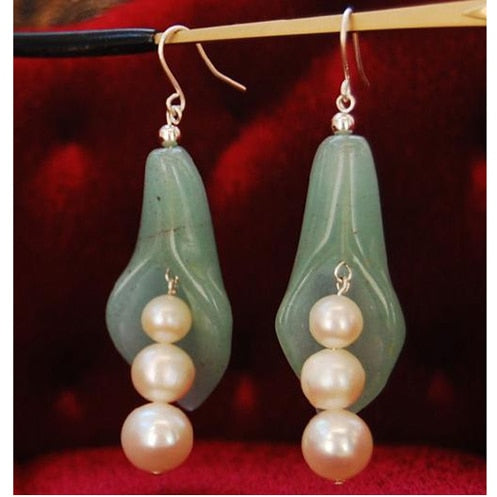 New Arriver Pearl Green Jades Jewellery,Freshwater Round Pearls Pea Pot Princess Earrings,925 Silver Dangle Earrings Hook