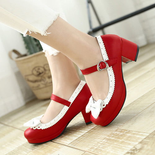 TAOFFEN Women Thick High Heel Shoes Women Patchwork Bowknot Heart Buckle Heels Pumps Ladies Office Daily Footwear Size 28-43